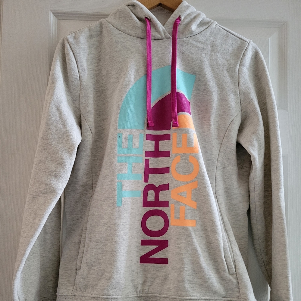 The North Face Hoodie Heathered Light Grey with Brightly Colored Logo Size Large